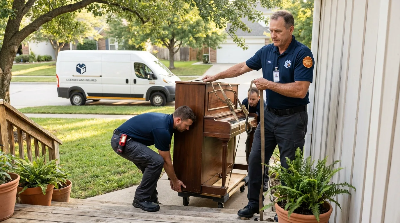 Licensed piano movers securing grand piano in Benson, NC