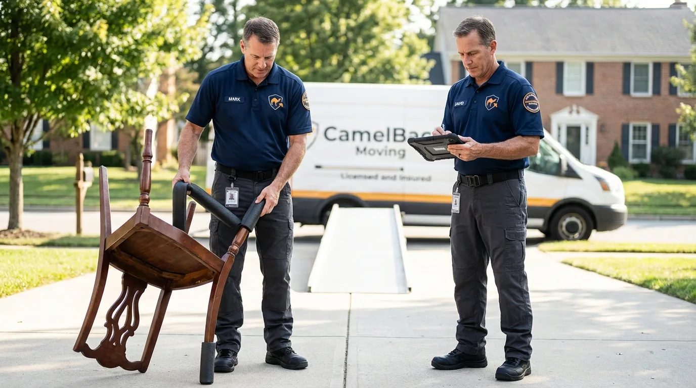 Movers inspecting furniture for damage prevention before loading in Benson, NC