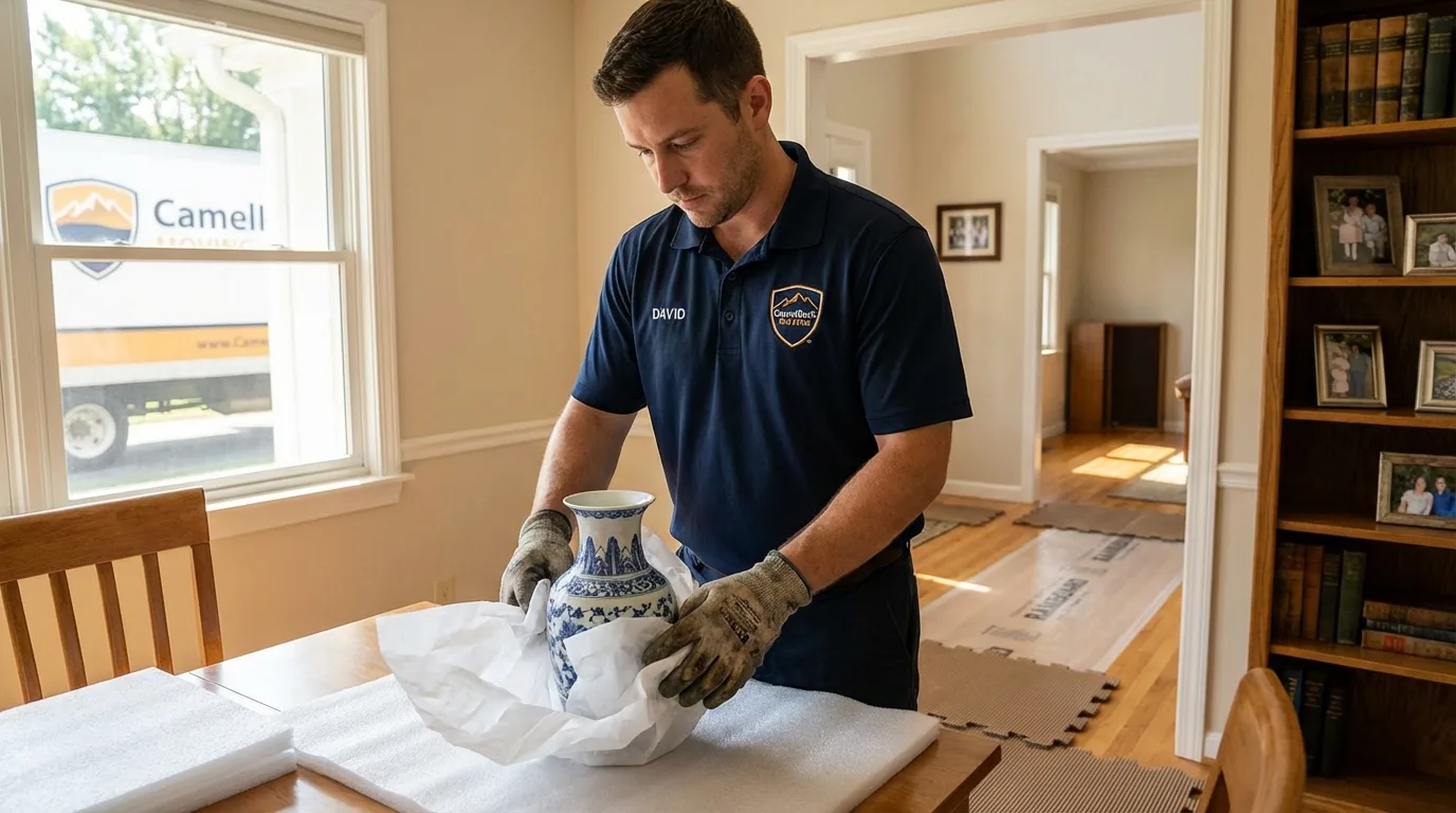 Professional crew carefully wrapping antique vase for senior downsizing move in Benson, NC